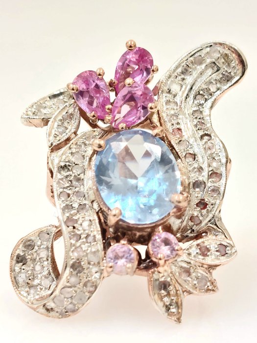 Preview of the first image of "NO RESERVE PRICE" - 9 kt. Pink gold, Silver - Ring - 3.00 ct Aquamarine - Diamonds, Tourmalines.