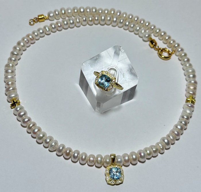 Image 2 of Exclusivenecklace , from White PearlTOP QUALITYwithpendantand ring - withAquamarine (AAA) andGreek