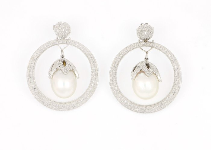 Image 2 of " No Reserve Price " - 14 kt. Akoya pearls, White gold - Earrings - 3.00 ct Diamond