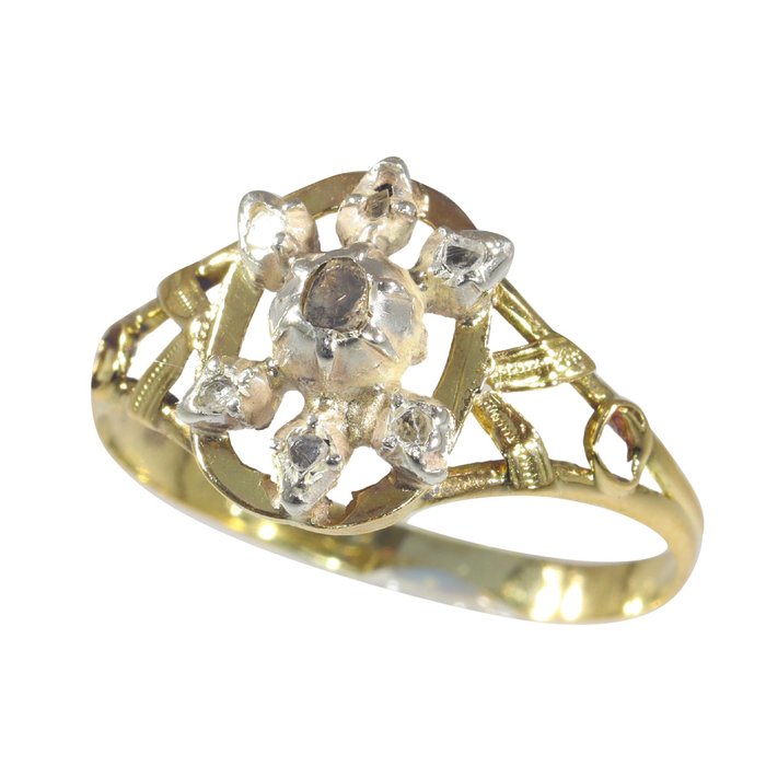 Preview of the first image of NO RESERVE PRICE - 18 kt. Yellow gold - Ring Diamond - Vintage antique anno 1870, Free Resizing*.