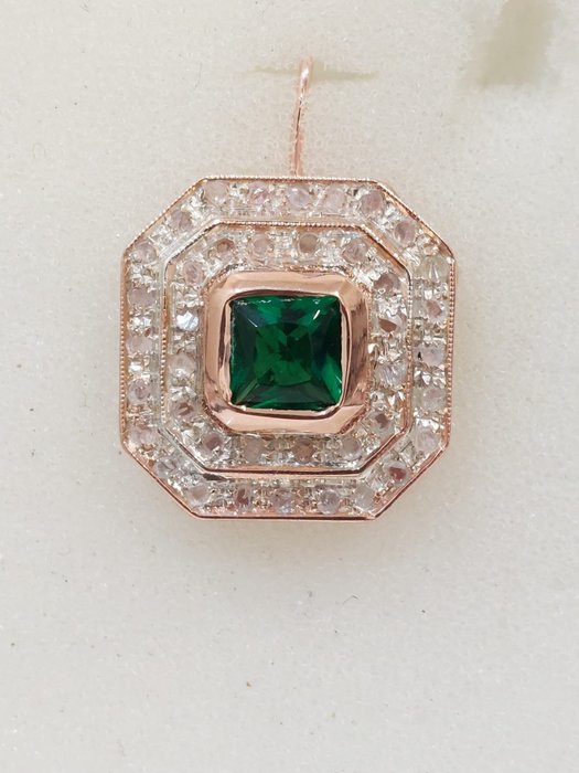Image 2 of "NO RESERVE PRICE" - 9 kt. Pink gold, Silver - Earrings - 1.00 ct Emerald - Diamonds