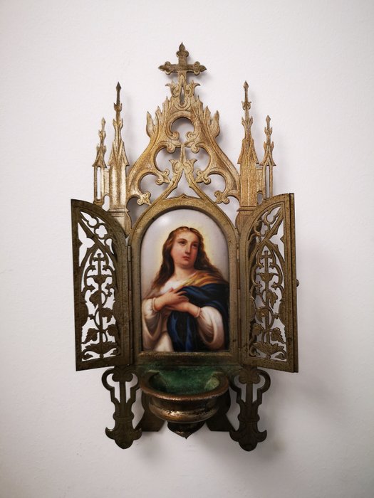 Reisreliekschrijn "Maria Magdalena" (1) - Porselein, Verzilverd, Verf - Eind 19e eeuw