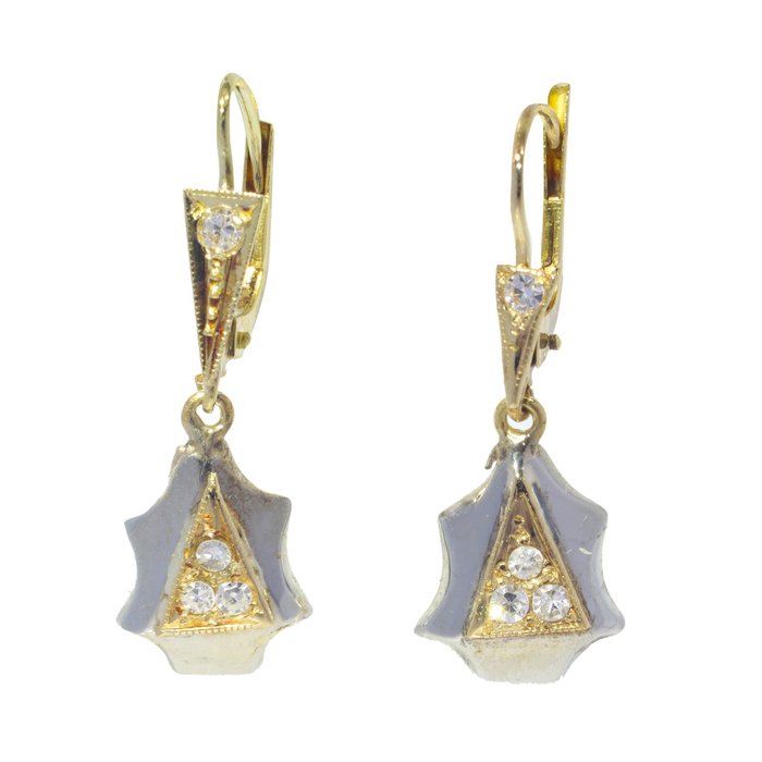 Preview of the first image of NO RESERVE PRICE - 18 kt. Yellow gold - Earrings - 0.12 ct Diamond - Vintage 1930's Art Deco.