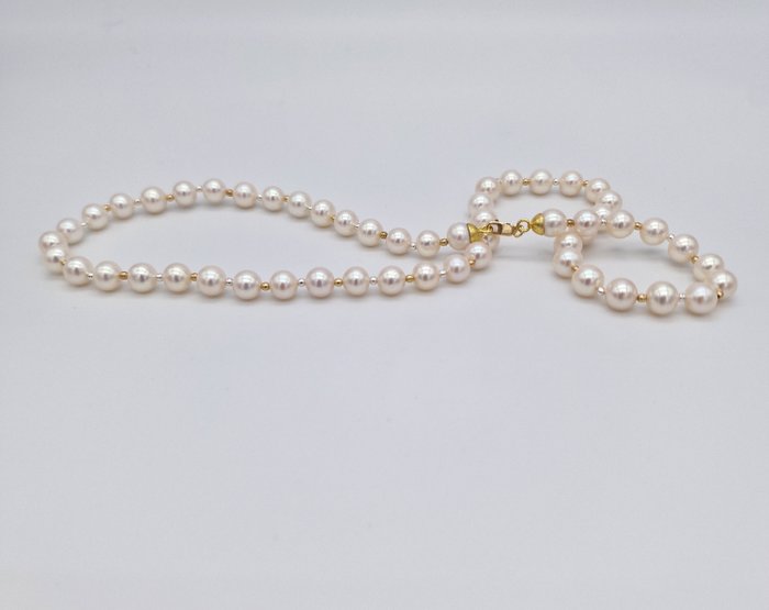 Preview of the first image of 18 kt. White gold, Yellow gold - Necklace - Akoya pearls from 7.2 to 7.5 mm / 18kt yellow and white.