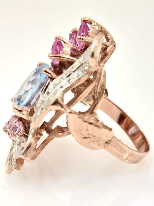 Image 3 of "NO RESERVE PRICE" - 9 kt. Pink gold, Silver - Ring - 3.00 ct Aquamarine - Diamonds, Tourmalines