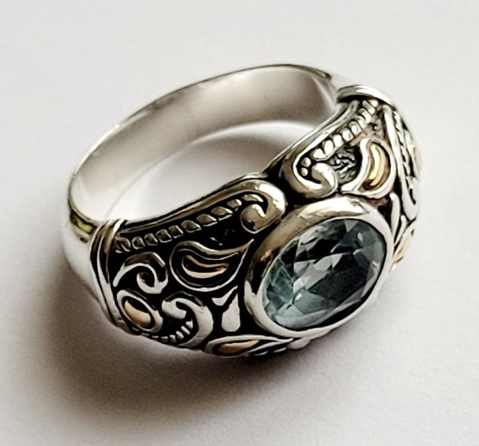 Preview of the first image of 925 Silver, Yellow gold - Ring - 3.25 ct Aquamarine.
