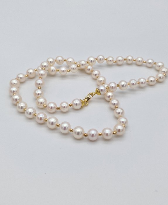 Preview of the first image of 18 kt. Yellow gold - Necklace - 6.9/7mm akoya pearls.