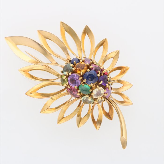 Preview of the first image of 18 kt. Yellow gold - Brooch Emerald - Sapphires.