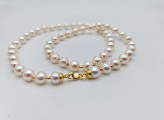 Image 2 of 18 kt. Yellow gold - Necklace - 6.9/7mm akoya pearls