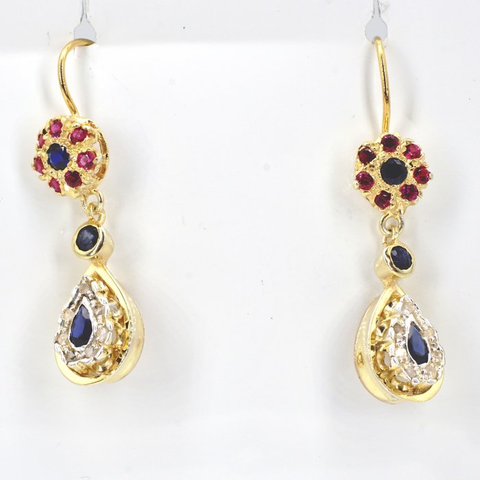Preview of the first image of 14 kt. Gold, Silver - Earrings Sapphire - Diamonds, Rubies.