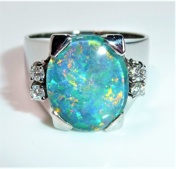 Image 2 of Handcrafted - 14 kt. White gold - Ring - 2.50 ct Opal - 0.12ct. diamonds/brilliant cut