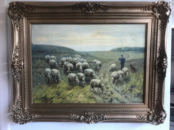 Image 2 of Martinus Nefkens (1866-1941) - Veluwse herder met schapen