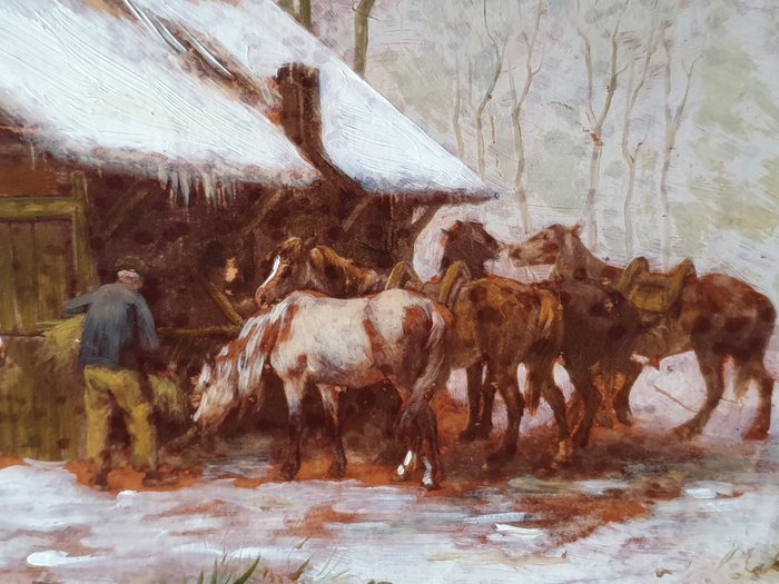 Preview of the first image of Klaas van Vliet (1841-1917) Attrib.to - Het optuigen van de paarden op een winterse dag.