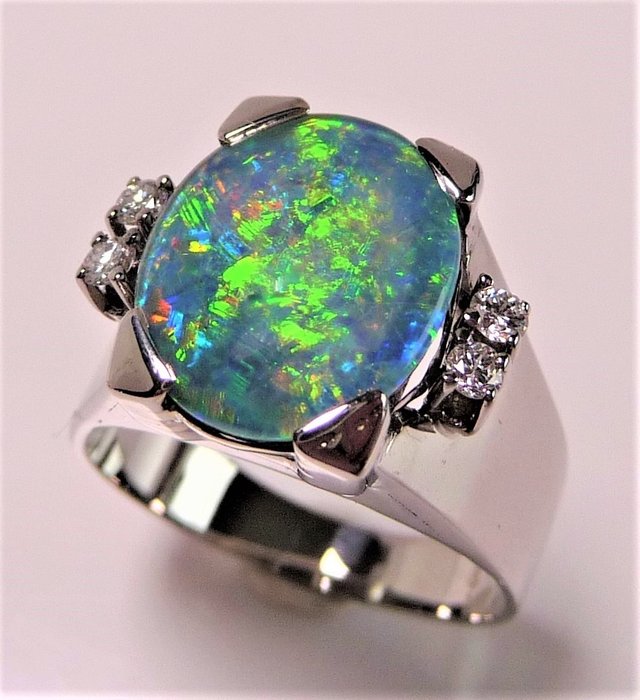 Image 3 of Handcrafted - 14 kt. White gold - Ring - 2.50 ct Opal - 0.12ct. diamonds/brilliant cut