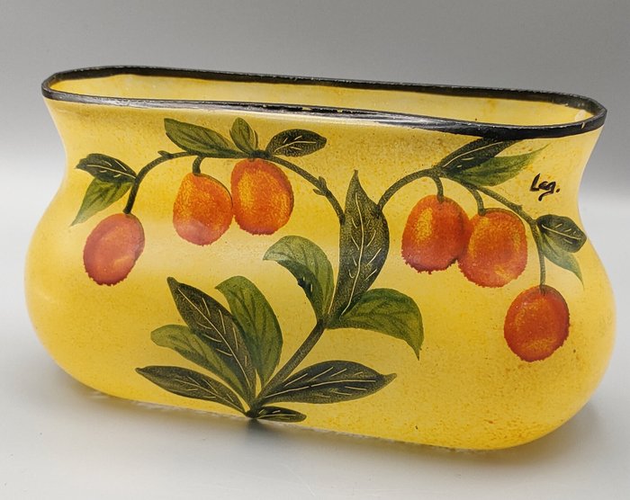 Image 2 of Legras &Cie - Art Nouveau planter vase with enamel decoration of lovely cherries - Signed around 19