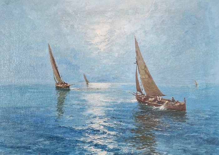 Preview of the first image of Vittorio Cavalleri ( 1860-1938) - Marina con barche e pescatori.