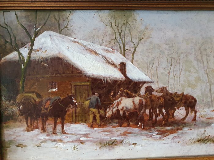 Image 3 of Klaas van Vliet (1841-1917) Attrib.to - Het optuigen van de paarden op een winterse dag