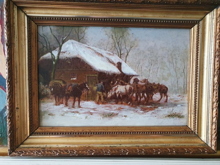 Image 2 of Klaas van Vliet (1841-1917) Attrib.to - Het optuigen van de paarden op een winterse dag