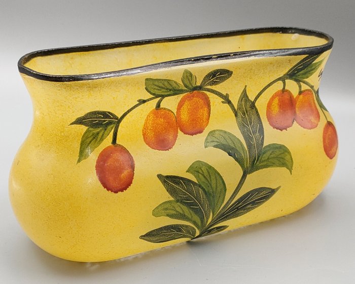 Image 3 of Legras &Cie - Art Nouveau planter vase with enamel decoration of lovely cherries - Signed around 19