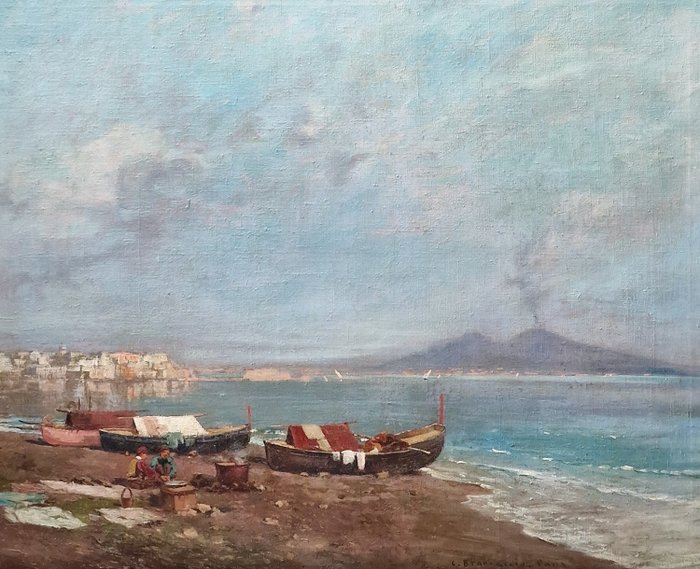 Preview of the first image of Carlo Brancaccio (1861-1920) - Marina di Napoli con barche e pescatori.