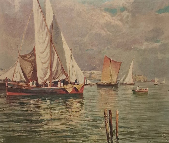 Preview of the first image of Scuola italiana (XIX), firmato Pasini - Marina di Napoli con barche e pescatori.