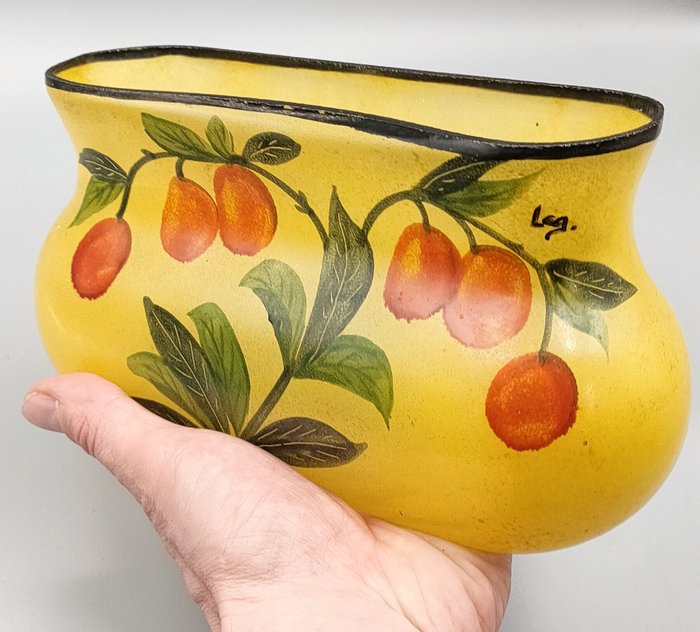Preview of the first image of Legras &Cie - Art Nouveau planter vase with enamel decoration of lovely cherries - Signed around 19.