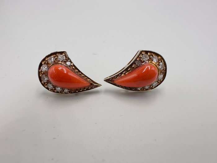 Image 3 of 14 kt. Yellow gold - Earrings Coral - Diamonds
