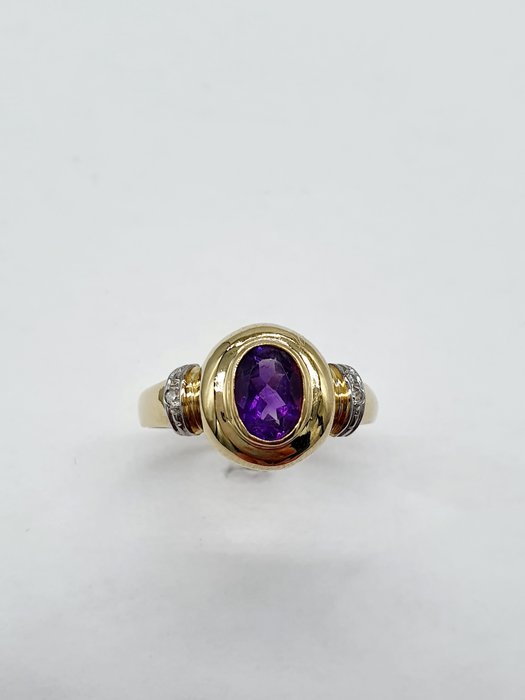 Preview of the first image of 8 kt. White gold, Yellow gold - Ring Amethyst - Diamonds.