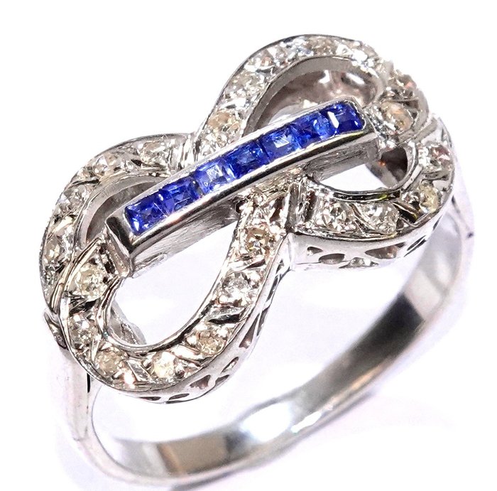 Preview of the first image of Free resizing up to 58/18.5 mm - 14 kt. White gold - Ring, Set - 0.33 ct Diamond - Sapphires.