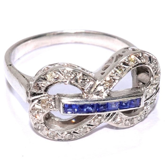 Image 2 of Free resizing up to 58/18.5 mm - 14 kt. White gold - Ring, Set - 0.33 ct Diamond - Sapphires