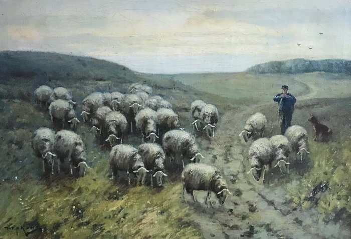 Preview of the first image of Martinus Nefkens (1866-1941) - Veluwse herder met schapen.