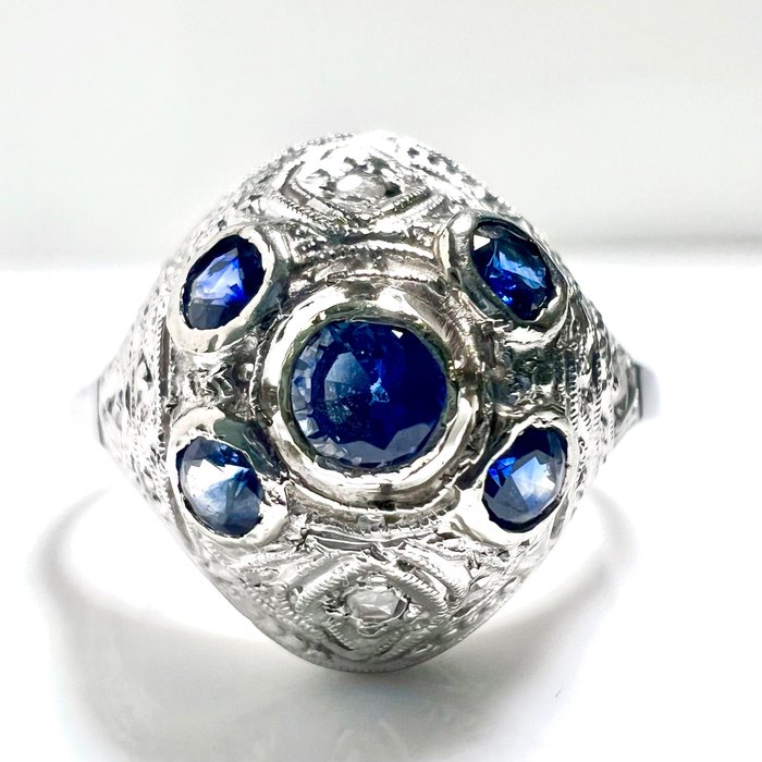 Preview of the first image of 18 kt. White gold - Ring - 0.30 ct Sapphire - Diamond rose cut.