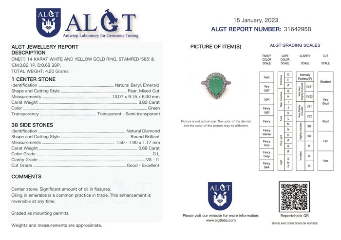Image 2 of ALGT Certified - 14 kt. Bicolour - Ring - 3.82 Cts Emerald - 0.68 Cts - 38 Pcs Natural Diamond