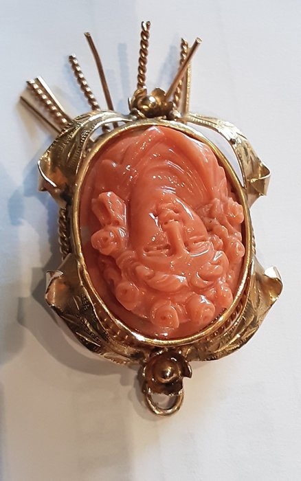Image 3 of Trapanese Sicilia - 18 kt. Yellow gold - Brooch, Pendant Coral