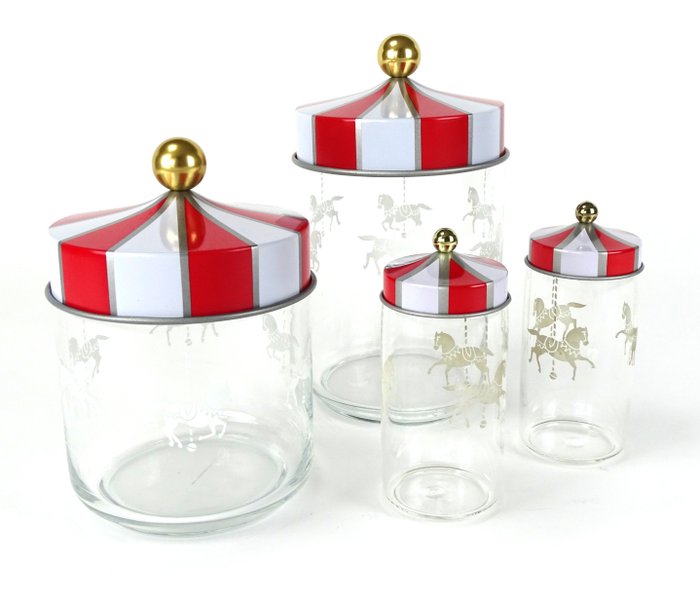 Alessi - Marcel Wanders - Küchenbehälter (4) - ''Zirkus'' - Gläser aus Siebdruckglas mit hermetischem Deckel aus Weißblech