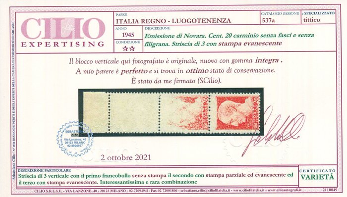 Image 3 of Italy 1928 - Imperiale 20 cent. Striscia di 3. Due con stampa evanescente ed uno senza stampa. - sa