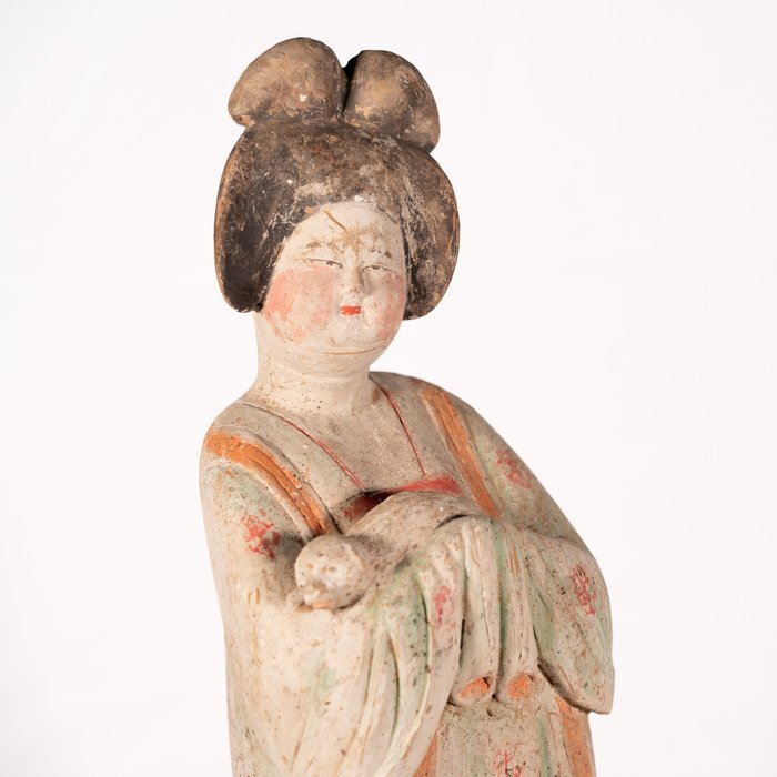 Forntida kinesisk, Tangdynastin Terracotta Figur av fet dam med hund, 52 x 21 cm med TL-test Figur