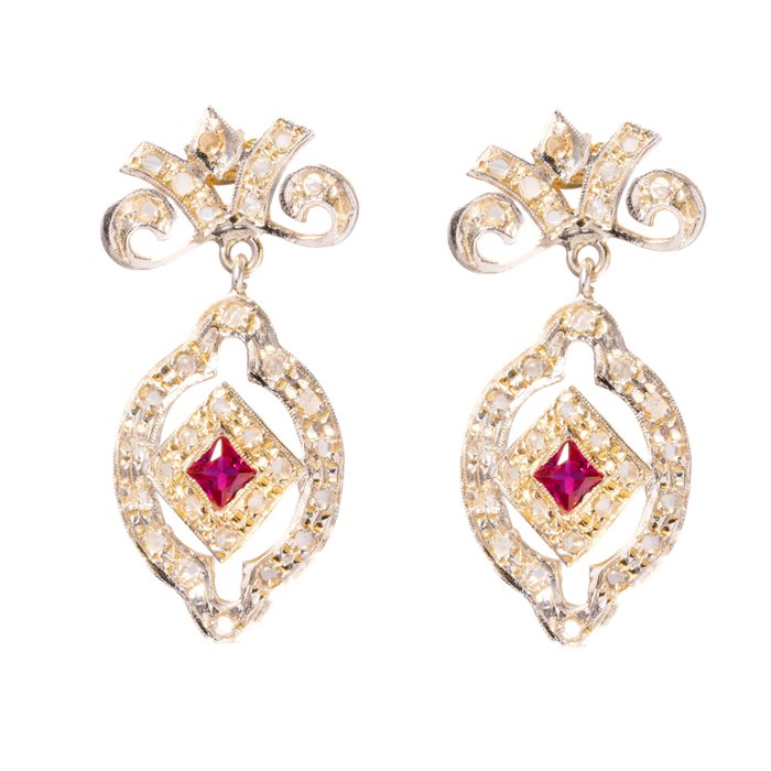 Preview of the first image of 14 kt. Gold, Silver - Earrings Ruby - Diamonds.