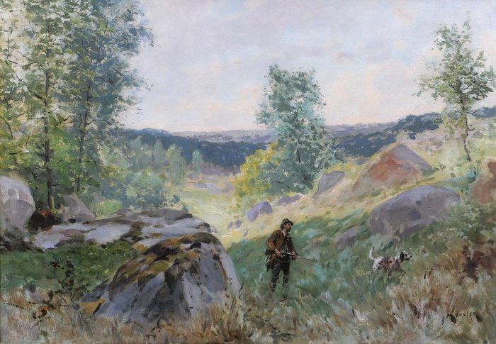 Preview of the first image of Théophile Meunier (?-1884) - Landscape with hunter and dog (Vaux-de-Cernay?).