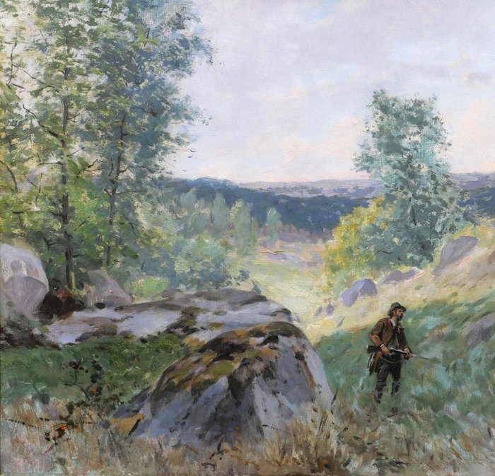 Image 3 of Théophile Meunier (?-1884) - Landscape with hunter and dog (Vaux-de-Cernay?)