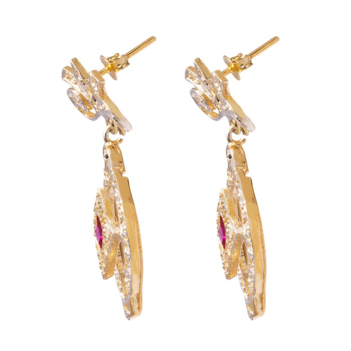Image 3 of 14 kt. Gold, Silver - Earrings Ruby - Diamonds