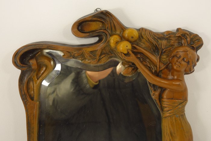 Image 3 of Table mirror signed patinated bronze spelter decorated with an Art Nouveau woman