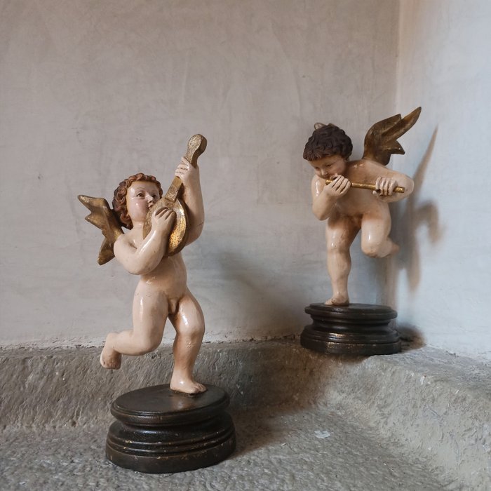 Image 3 of Sculpture, Pair of cherubs playing - 24 cm - Wood pulp - 1930 / 1940 approx