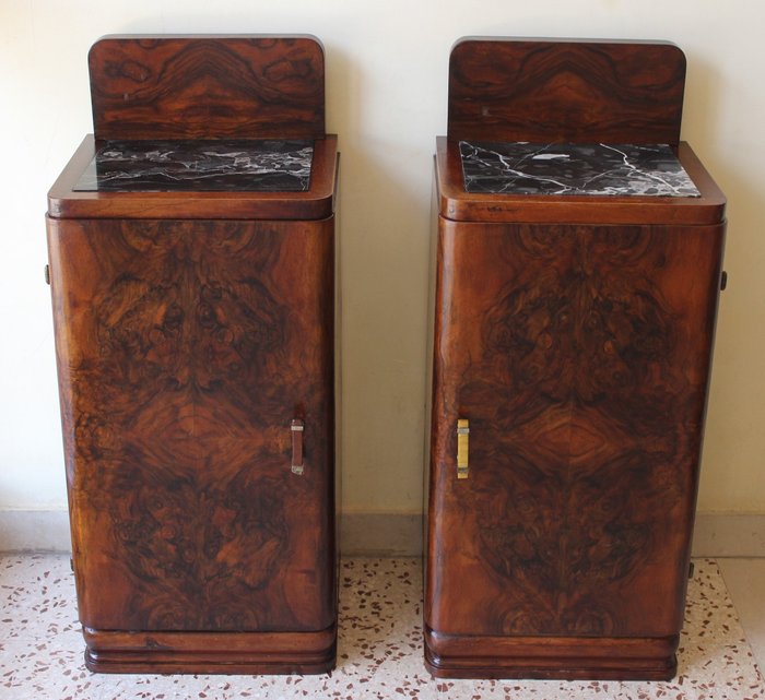 Preview of the first image of Pair of full-bodied Art Deco bedside tables veneered in olive briar and portoro marble.