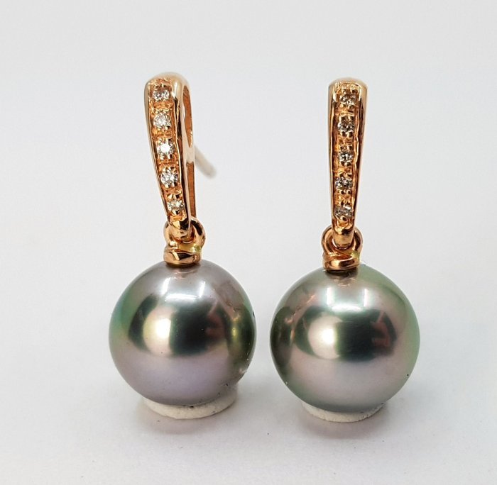 Preview of the first image of 10x11mm Peacock Tahitian Pearl Drops - 14 kt. Pink gold - Earrings - 0.08 ct.