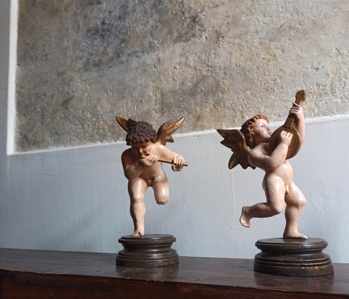Image 2 of Sculpture, Pair of cherubs playing - 24 cm - Wood pulp - 1930 / 1940 approx