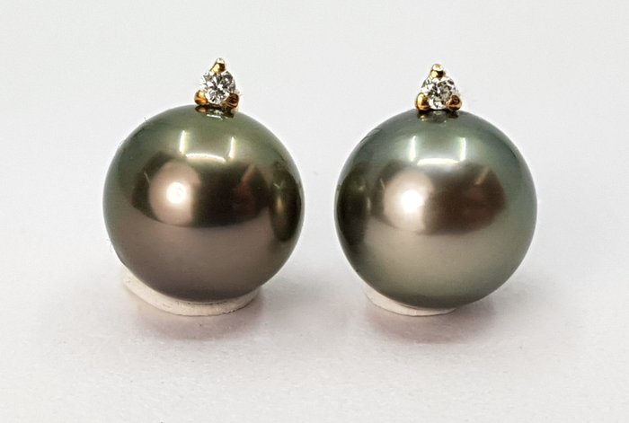 Image 2 of no reserve - 9x10mm Round Tahitian Pearls - 14 kt. Yellow gold - Earrings - 0.04 ct