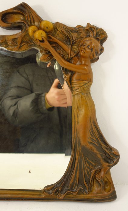 Image 2 of Table mirror signed patinated bronze spelter decorated with an Art Nouveau woman