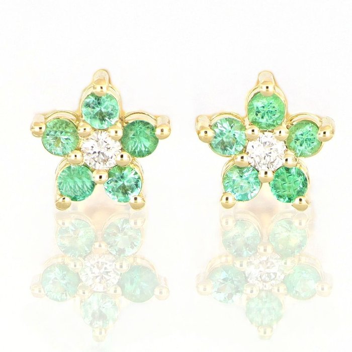Preview of the first image of No Reserve Price - 18 kt. Yellow gold - Earrings - 0.05 ct Diamond - Emeralds.