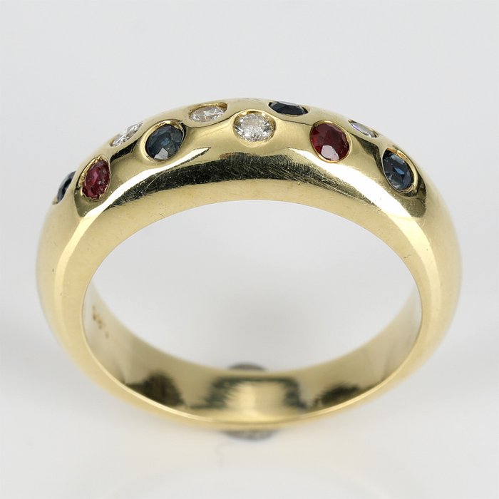 Image 3 of Handarbeit - 14 kt. Yellow gold - Ring - 0.12 ct Diamond - Rubies, Sapphires